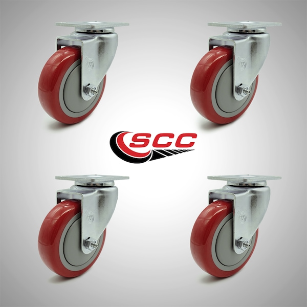 Service Caster 4 Inch SS Red Polyurethane Wheel Swivel Top Plate Caster Set SCC-SS20S414-PPUB-RED-4 - main